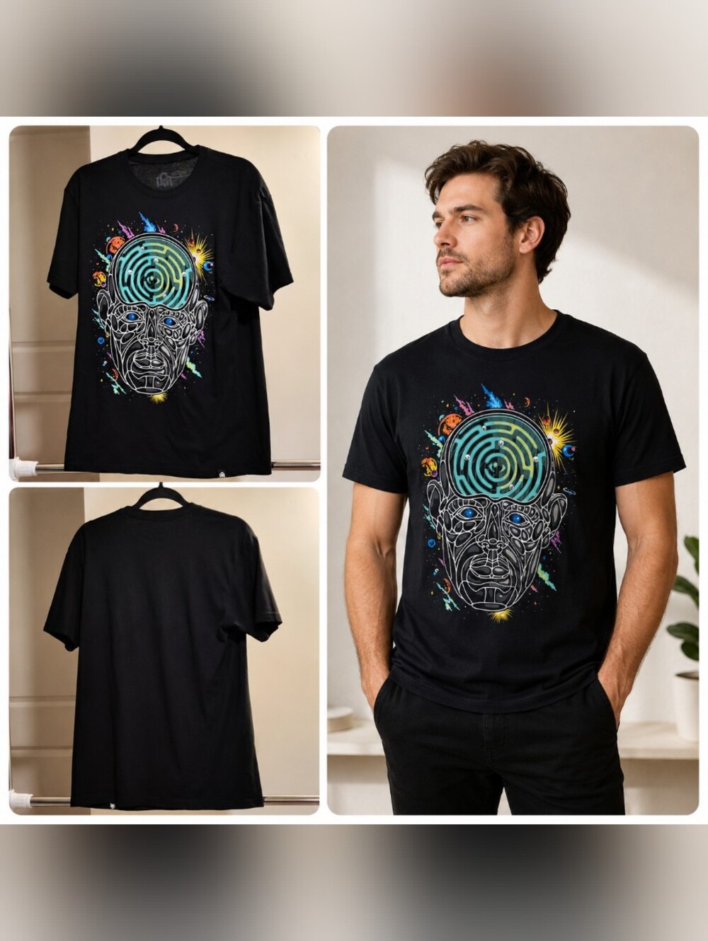 Cotton graphic t-shirt, psychedelic face design with UV glow elements